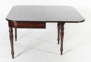 A Georgian mahogany six-seater D-end dining table with dropside. Height 73cm, width 65cm - 130cm, depth 142cm.