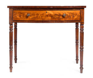 A Georgian mahogany bow-fronted side table with full length drawer. Height 80cm, width 92cm, depth 54cm.