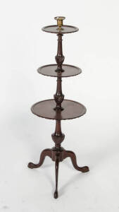 Georgian three tier circular wot not with brass candle holder top. 85cm.