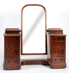 Victorian flame mahogany cheval dressing table circa 1880's. 140cm high, 150cm wide, 48cm deep.