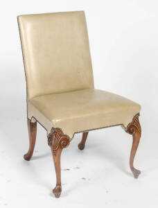 A George I style mahogany leather back side chair covered in pistachio leather