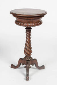 Work table, mid 19th century with barley twist columns & lift top. Height 73cm, diameter 42cm.