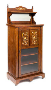 Sheraton revival music cabinet, inlaid rosewood, English, late 19th century. Height 136cm, width 57cm, depth 34cm.