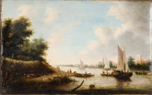 DUTCH SCHOOL (19th Century), Waterscape with boats and figures