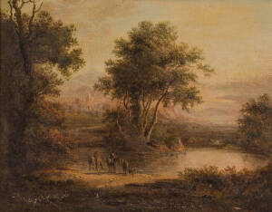 AFTER ALEXANDER NASMYTH, Figures and Horses Resting in Classical Landscape, oil on canvas, 19 x 24 cm