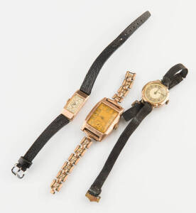 Three Lady's wristwatches, 9ct and rolled gold and four fob style watches.