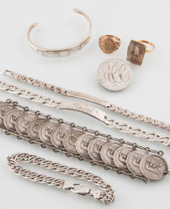 Various wristwatches and jewellery , including a gold signet ring, rolled gold and marcasite jewellery and fob watches.