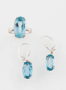 An aquamarine ring, weight of stone 2.99ct and aquamarine earrings, total weight of stones 2.76ct, 18ct white gold.