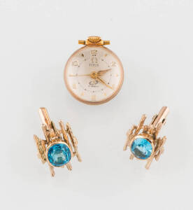 A pair of blue topaz cufflinks, 14ct white gold and a Titus Ball wristwatch.