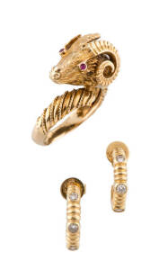 A Ram's head ring, GMS, 18ct yellow gold and a pair of diamond "Huggie" earrings.