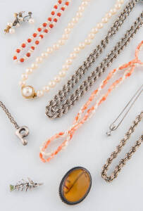 A quantity of costume jewellery, including coral and pearl necklaces and silver chains.