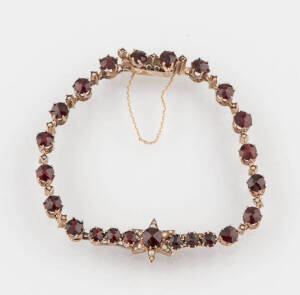 A garnet and pearl bracelet and a sapphire bracelet, 9ct gold.