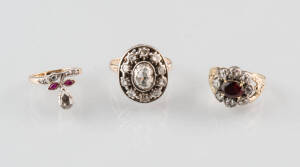 Three antique diamond rings, yellow gold and silver. 