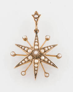 Two Seed pearl star pendant brooches, one Willis, Melbourne, 15ct gold, the other 9ct yellow gold.