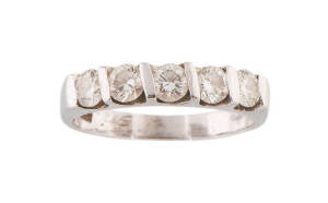 A five stone diamond ring, A.T.C.W 0.50ct, 18ct white gold.