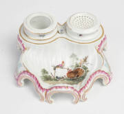 An antique French ceramic inkwell with scenes of turkey and fowl, early to mid 19th Century. Width 19cm