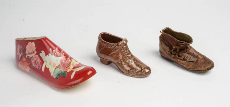 Antique pottery boot ornament, childs leather shoe & decoupage boot last. (3 items)