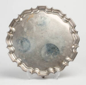 Sterling silver salver/tray with pie crust edge, inscription in part verso " JPW from JW & NW....". 2+kg.