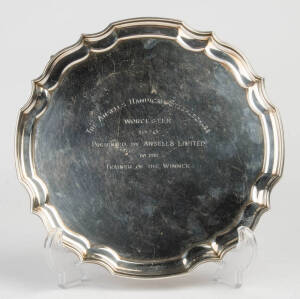 Sterling silver salver inscribed "The Ansells Handicap Steeplechase, Worcester 1970 Presented By Ansells Limited To The Trainer Of The Winner". Birmingham circa 1970. 450+ grams