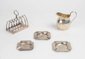 Sterling silver toast rack, jug & three ashtrays (5 items). 450+ grams