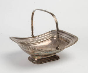 Georgian sterling silver fruit bowl with basket swing handle, later restorations. London circa 1814. 980+ grams.