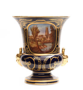 Crown Derby blue & gilt mantle vase titled "Windsor Castle" with hand painted scenes, 19th century. 20cm.