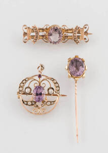 An antique amethyst pendant, brooch and pin. 