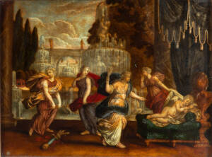 18th century reverse glass painting titled verso "Eros Asleep". 31cm by 23cm.