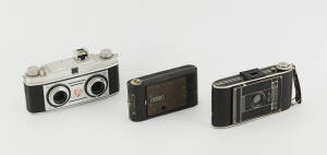 A small group of vintage cameras with an Agfa Billy Clack a Vest Pocket Kodak Series III and a Bell and Howell Stereo Colorist I. (3 cameras)