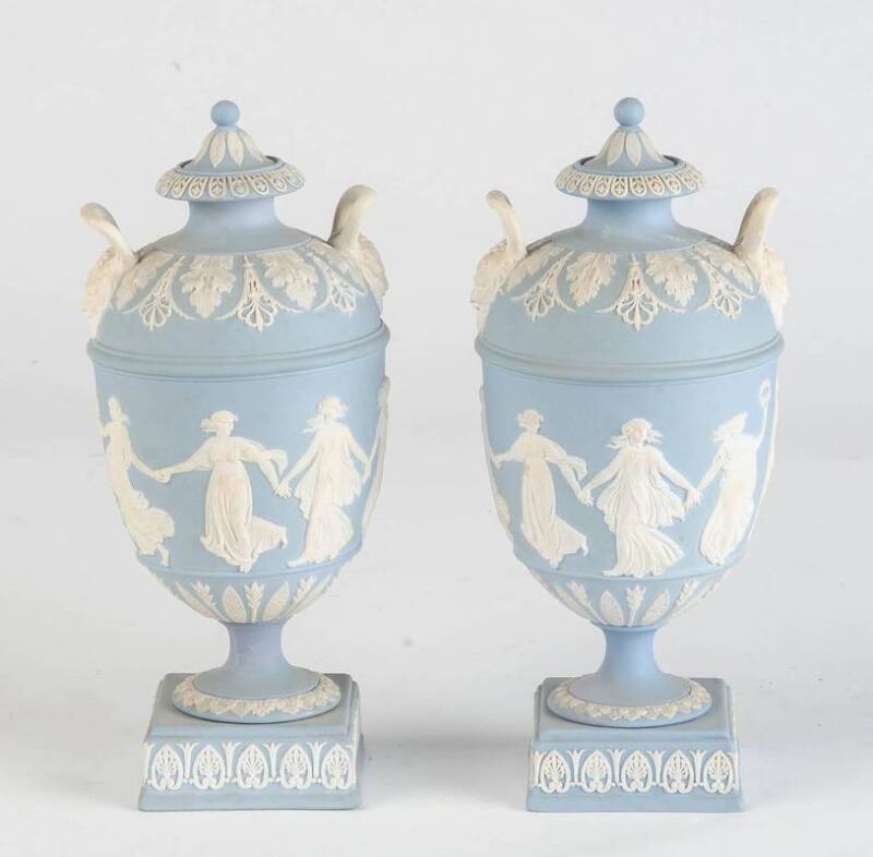 Wedgwood pair of blue jasper ware urns, English, 19th Century. 20cm high.