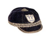 V.A.A.A. HONOUR CAP, blue velvet with embroidered badge "V.A.A.A./ T.R./ 1892". Made by Robertson & Moffat, Bourke Street East, Melbourne. Fair/Good condition.