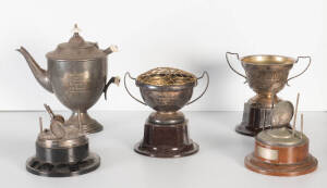 TROPHIES, noted 1934 Football trophy; 1954-64 Tennis trophies (5); 1950 Highland Gathering Exhibition trophy; silver-plated Teapot engraved from VACC Shepparton Members; also butter knives (7).