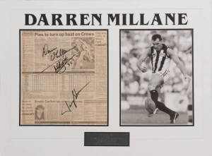 SPORT AUTOGRAPHS, noted Don Bradman, Jack Baker (Phar Lap's jockey), Angelo Dundee, Dave Sands, Rod Laver, Darrel Baldock, Shane Warne. Also display signed by Darren Millane & football with 9 signatures including David Schwarz.