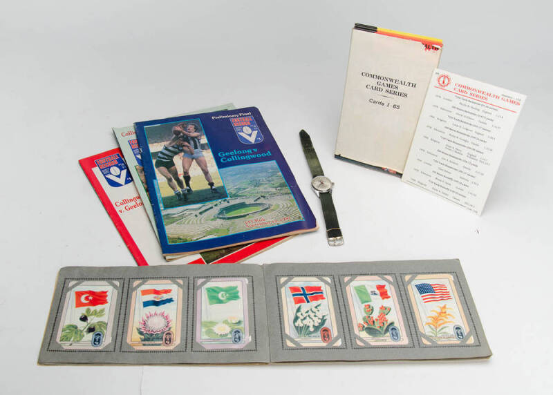 BALANCE OF SPORT COLLECTION, noted 1956 Coles "Olympics, 1st Series" with large flags & national flowers [28] x 3 sets; 1982 Beatrice Publishing "Commonwealth Games Card Series" [c205]; 1990 Collingwood Weg poster; c1960s Olympic watch; Fitzroy member's s