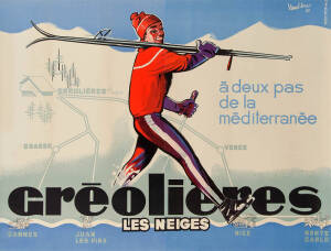 SKIING: 1963 French travel poster, "a deux pas de la mediterranee/ GREOLIERES/ Les Neiges", with artork by Vandieres, published in Nice, linen-backed, size 119x157cm.