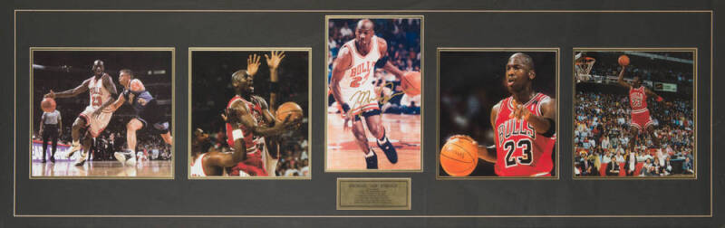 MICHAEL JORDAN, display "Michael 'Air" Jordan", comprising signed photograph, window mounted with four other photographs, framed & glazed, overall 159x58cm. With CoA.