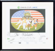 SPORT FRAMES: "The First Melbourne Cup" print by Harold Freedman; "100 Years of the Davis Cup" print with 5 signatures including Pat Rafter & John Newcombe; plus "Oz Tennis" T-shirt with 15 signatures. All framed, various sizes. - 2