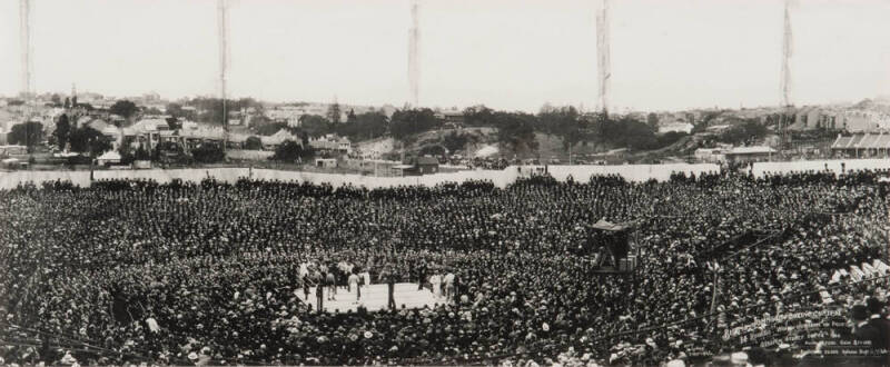 HISTORIC BOXING PHOTOGRAPHS: Reprinted photos, "Burns-Johnson Boxing Contest, 14 Rounds, Won by Johnson on Points, Stadium, Sydney Dec 26th 1908"; Exhibition Building & Cyclorama; "Tatts & Hock Keys at Golden Gate (Sydney) Nov.29 1889"; plus reprint of bo