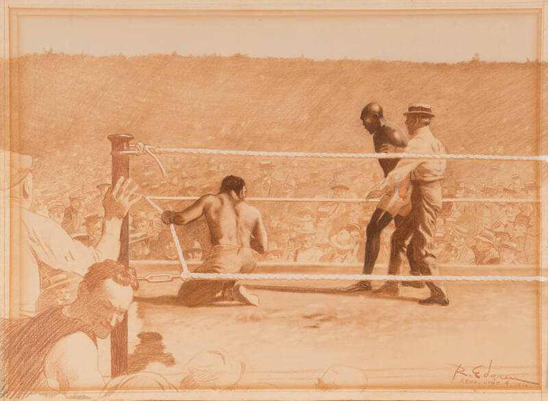 "THE BOXING MATCH", by Robert Durand Edgren (American 1908-97), signed and inscribed "Reno, July 4, 1910" lower right, gouache, wash, pencil and coloured pencil on paper, window mounted, framed & glazed, overall 70x58cm. Ex Christies, New York, July 2008.