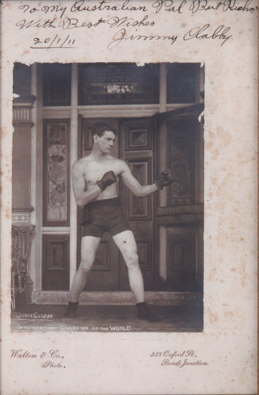 JIMMY CLABBY, photograph "Jimmy Clabby, Welterweight Champion of the World", signed & endorsed on the mount "To My Australian Pal Bert Richard, With Best Wishes, Jimmy Clabby, 20/1/11", framed & glazed, overall 22x32cm.