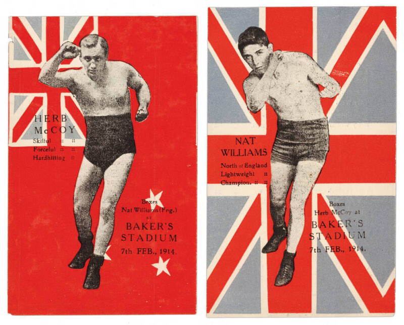 Postcards of Herb McCoy & Nat Williams (England) who boxed at Baker's Stadium (Brisbane) in 1914. VG condition.