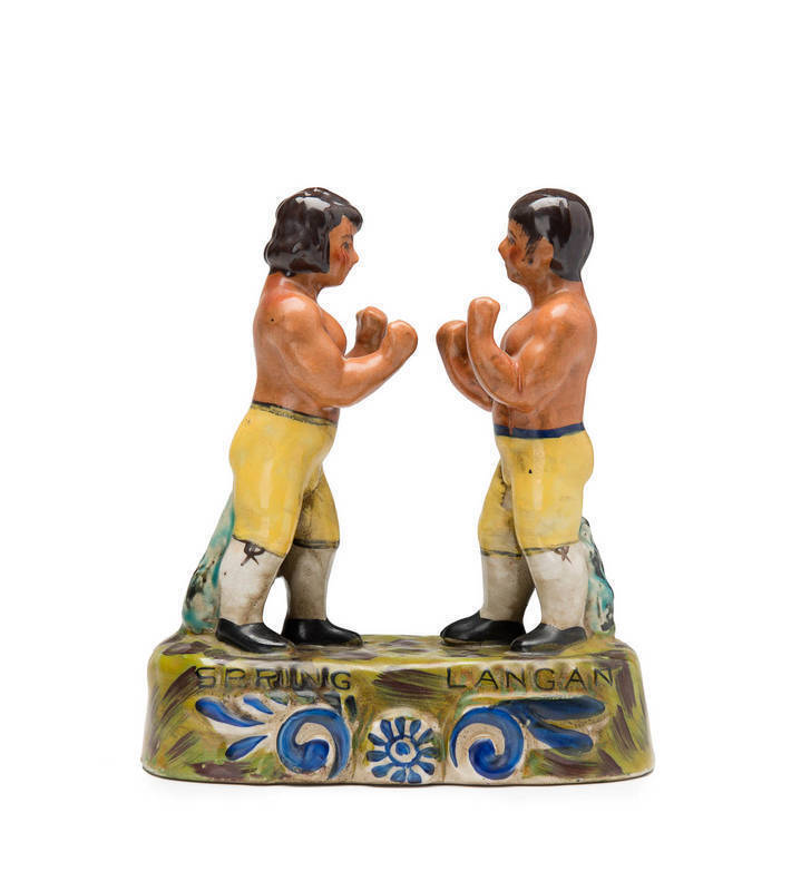 SPRING v LANGAN, reproduction Staffordshire figurine of this famous bare-knuckle fight in 1824.