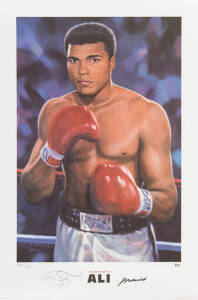 MUHAMMAD ALI: Print "Muhammad Ali" by Mark Sofilas, signed by Muhammad Ali and the artist and numbered 173/250, size 59x89cm. With 'Online Authentics' No.OA-7303763.
