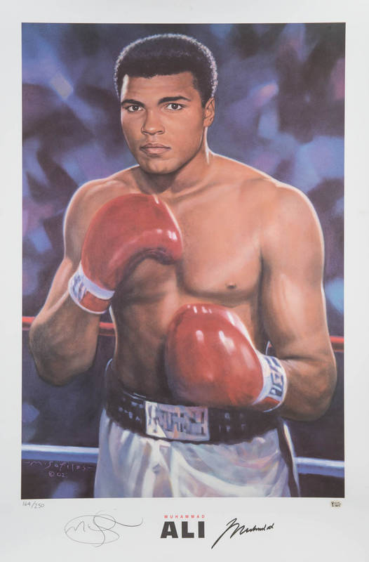 MUHAMMAD ALI: Print "Muhammad Ali" by Mark Sofilas, signed by Muhammad Ali and the artist and numbered 164/250, size 59x89cm. With 'Online Authentics' No.OA-7303719.