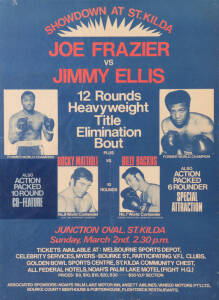 JOE FRAZIER FIGHT POSTER, "Showdown at St.Kilda, Joe Frazier vs Jimmy Ellis, 12 Rounds Heavyweight Title Elimination Bout. Junction Oval, St.Kilda, Sunday, March 2nd", 1975, framed & glazed, overall 60x83cm.