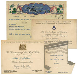 1938 EMPIRE GAMES IN SYDNEY: Nice group ex English diver Jean Gilbert, noted telegrams before leaving (2); telegrams whilst in Australia (6); menu cards from ship (2); rare menu card from Reception in Colombo on 25th Dec,1937; Invitation from Lord Mayor o