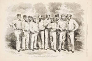 ENGRAVINGS: 1859 "The English Cricketers - The Eleven of All-England"; 1880 "The Australian Cricketers at Kennington Oval" (hand-coloured); plus page from 'The Boys Own Paper' showing 1907 South African Cricket Team.