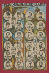 BALANCE OF CRICKET COLLECTION: "Our Cricketing Guests", attractive 1884 lithograph print of the Australian & Philadelphian cricket teams (framed, 23x32cm); 1896-1911 cricket cards (45); plus 1953 Australian team photograph with 18 faded signatures on moun