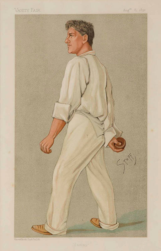 "VANITY FAIR" CRICKET PRINTS, comprising "Sammy" (Sammy Woods), "The Lobster" (Digby Jephson), "An Artful Bowler" (B.J.T.Bosanquet), "Forty-six centuries in Eleven Years" (J.T.Tyldesley) & "Charlie" (Colin Blythe), each window mounted, framed & glazed, ea