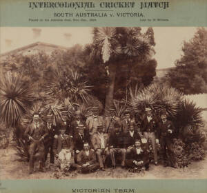 1894 VICTORIAN TEAM, team photograph with caption, Ïntercolonial Cricket Match, South Australia v Victoria, Played on the adelaide Oval, Nov-Dec 1894. Lost by 10 Wickets", window mounted, framed & glazed, overall 58x55cm.